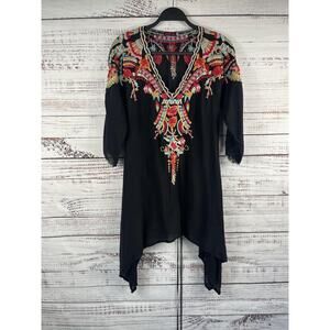 Johnny Was Shirt Womens XS Black Embroidered Floral Boho Tunic 3/4 Sleeve